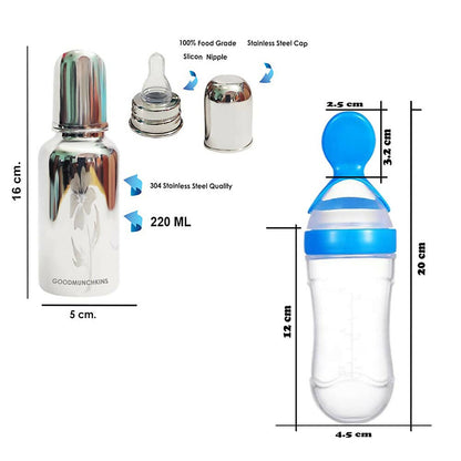 Goodmunchkins Stainless Steel Feeding Bottle & Spoon Food Feeder Anti Colic Silicone Nipple Combo-(Blue, 220ml)