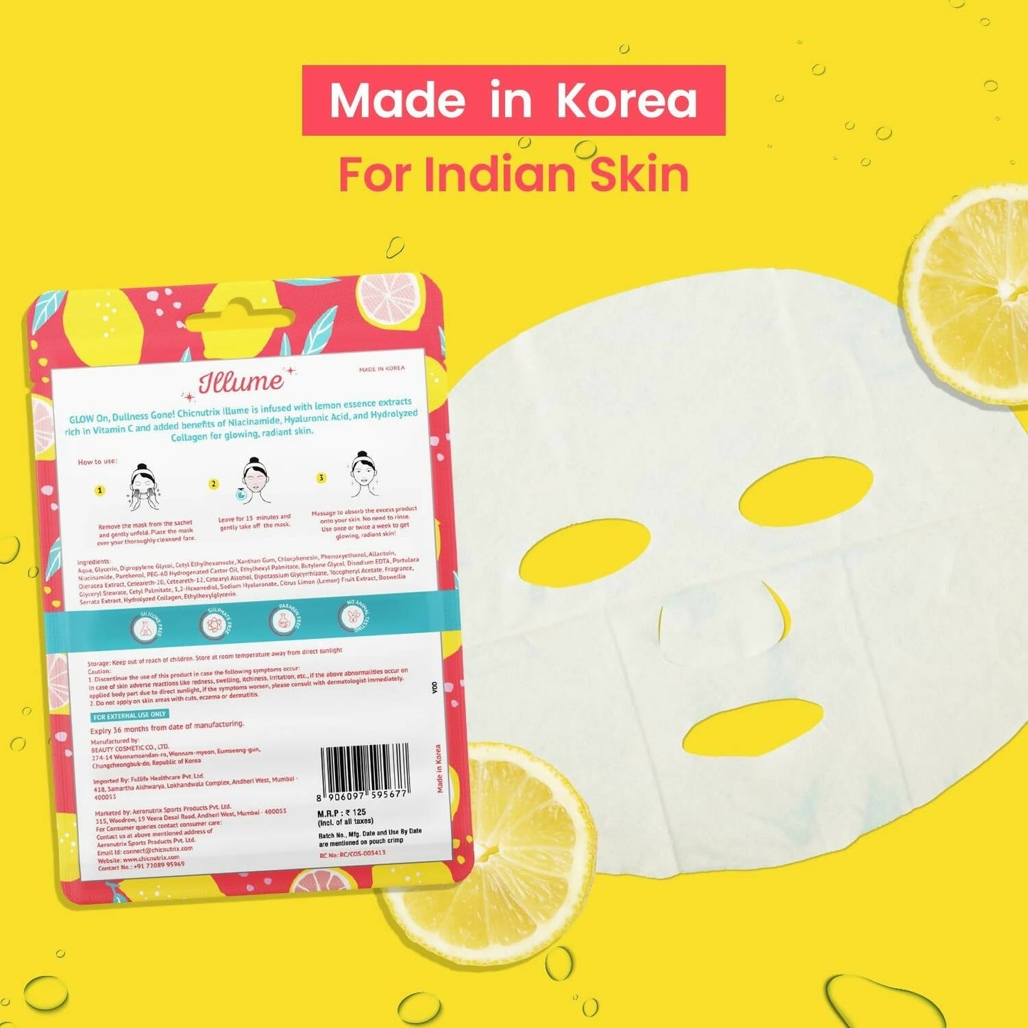 Chicnutrix Illume Face Sheet Mask Infused With Lemon Essence Rich In Vitamin C Radiant and Glowing Skin