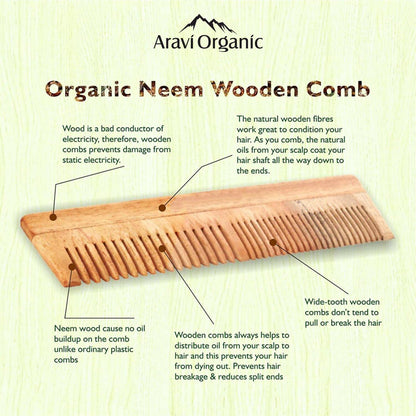 Aravi Organic Neem Wood Comb Fine and Wide Tooth