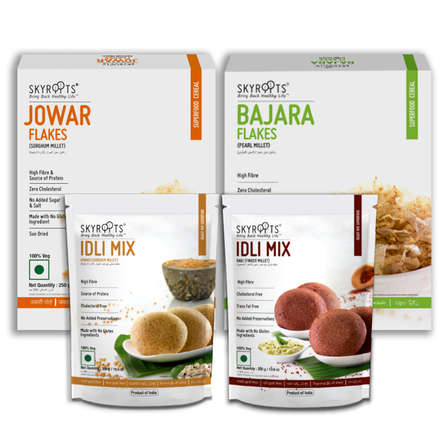 Skyroots Jowar Flakes + Bajara Flakes + Ragi Idli Mix + Jowar Idli Mix Combo Pack -  USA, Australia, Canada 