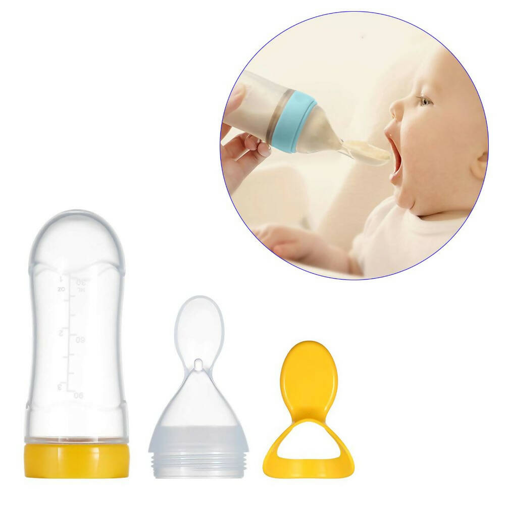 Safe-O-Kid Easy Set of 2 Squeezy Silicone Food Feeder Spoon (Soft Tip) Bottle- Yellow- 90mL