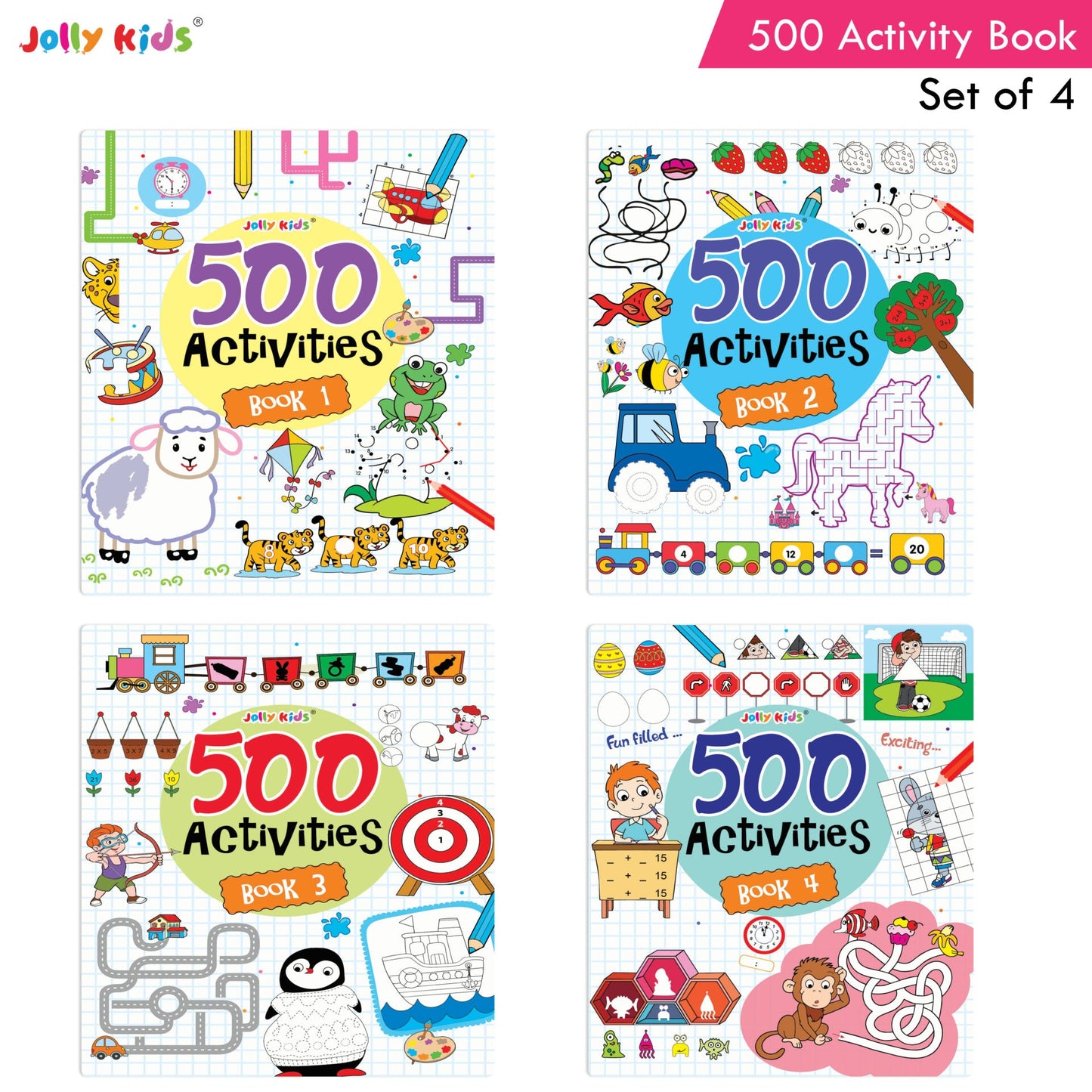 Jolly Kids Fun Learning 500 Activities Books Set of 4| Ages 3-8 years Thinking Skills Activities Learning Counting, Spelling, Solve Puzzle Activities