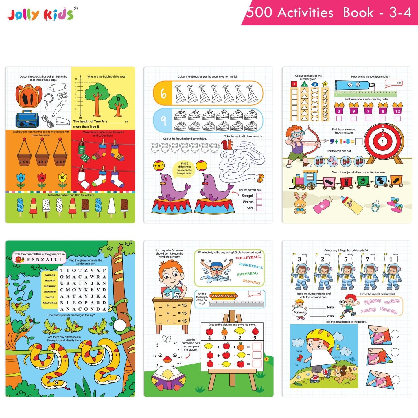 Jolly Kids Fun Learning 500 Activities Books Set of 4| Ages 3-8 years Thinking Skills Activities Learning Counting, Spelling, Solve Puzzle Activities