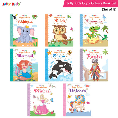 Jolly Kids Big Copy Colour Books Set of 8| Colouring Theme Animals, Flowers, Dinosaurs, Mermaid, Ocean, Pirates, Princess & Unicorn Ages 3-10 Years