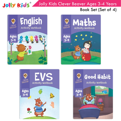 Jolly Kids Clever Beaver Ages 3-4 Years Fun Learning Workbooks Set of 4| Alphabets| Numbers| EVS| Good Habit| Workbooks for Kindergarten -  buy in usa 