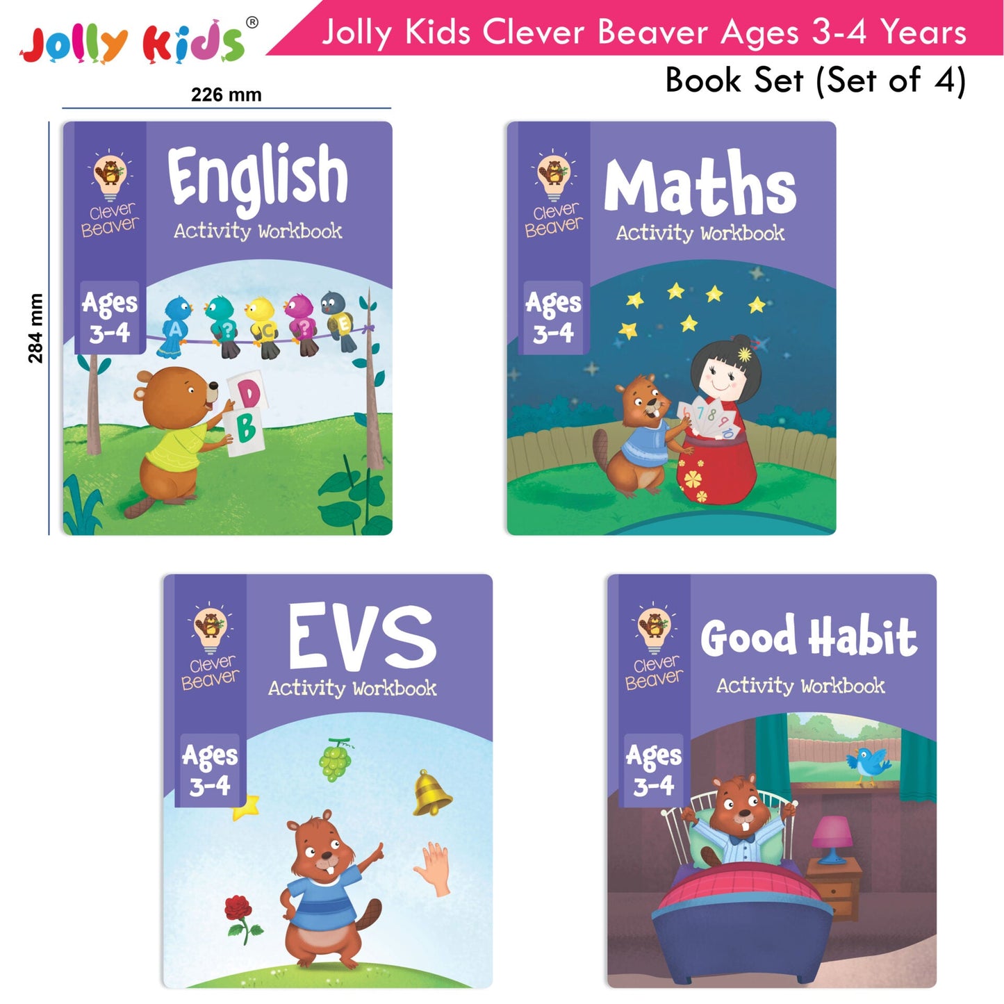 Jolly Kids Clever Beaver Ages 3-4 Years Fun Learning Workbooks Set of 4| Alphabets| Numbers| EVS| Good Habit| Workbooks for Kindergarten