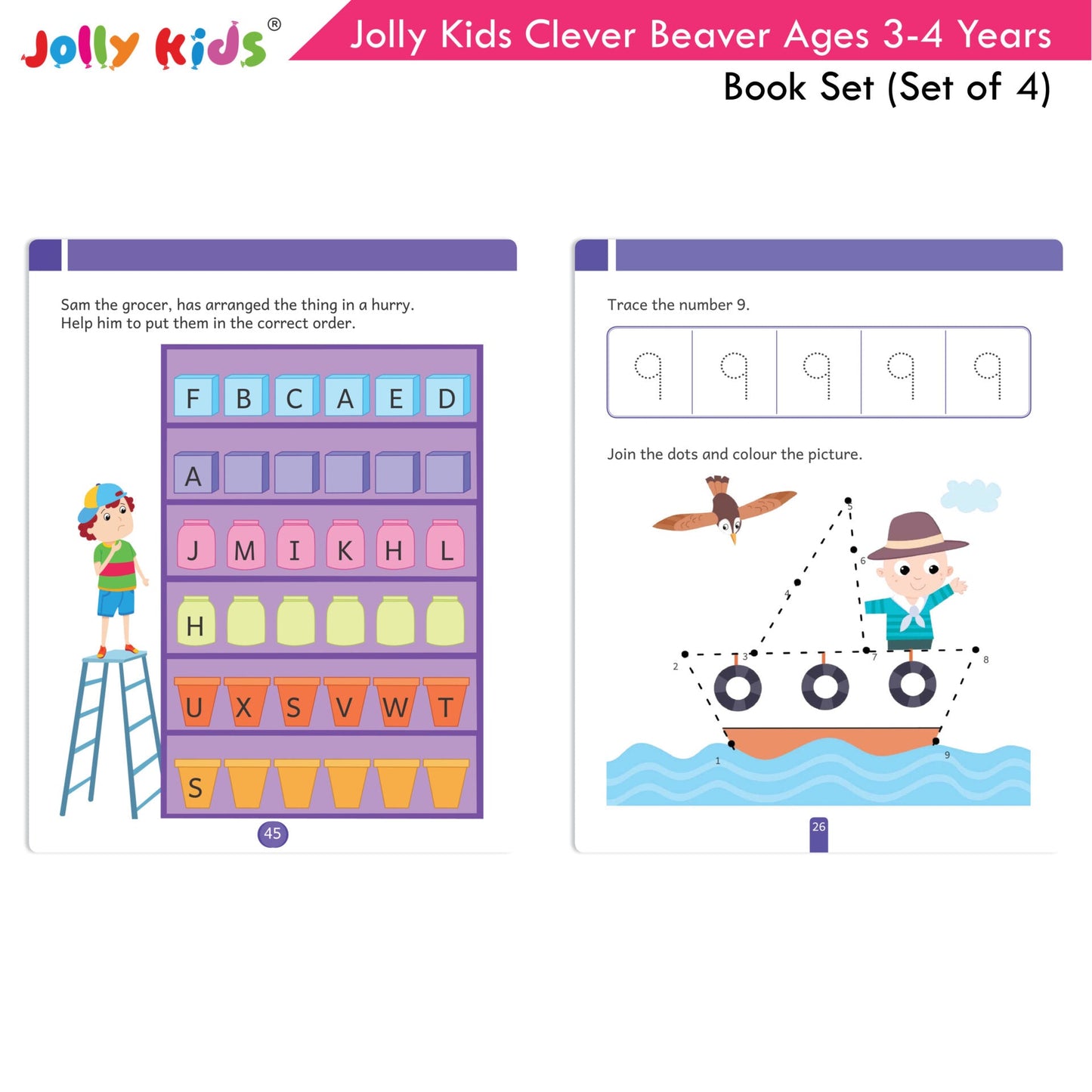 Jolly Kids Clever Beaver Ages 3-4 Years Fun Learning Workbooks Set of 4| Alphabets| Numbers| EVS| Good Habit| Workbooks for Kindergarten