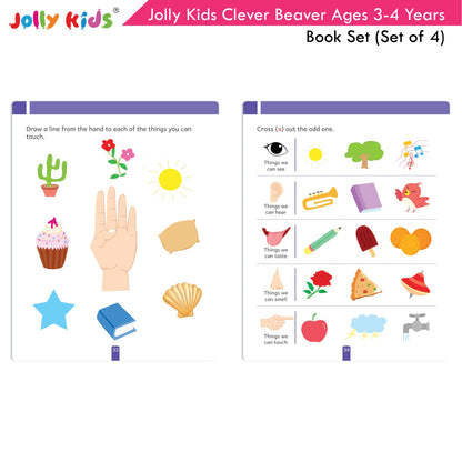 Jolly Kids Clever Beaver Ages 3-4 Years Fun Learning Workbooks Set of 4| Alphabets| Numbers| EVS| Good Habit| Workbooks for Kindergarten