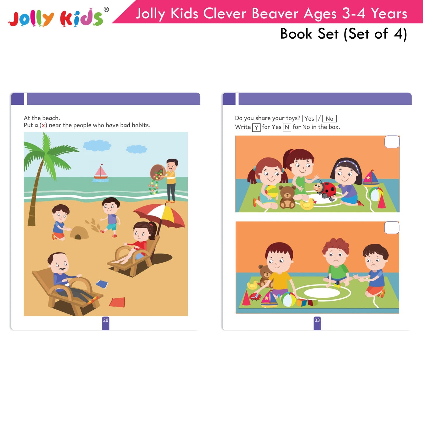 Jolly Kids Clever Beaver Ages 3-4 Years Fun Learning Workbooks Set of 4| Alphabets| Numbers| EVS| Good Habit| Workbooks for Kindergarten