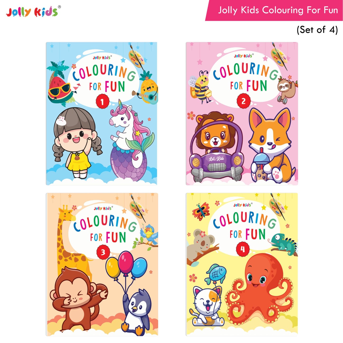 Jolly Kids Colouring for Fun Books A| Set of 4| Each Book 64 Images|Colouring & Painting Books for Kids|Ages 3-8 Year