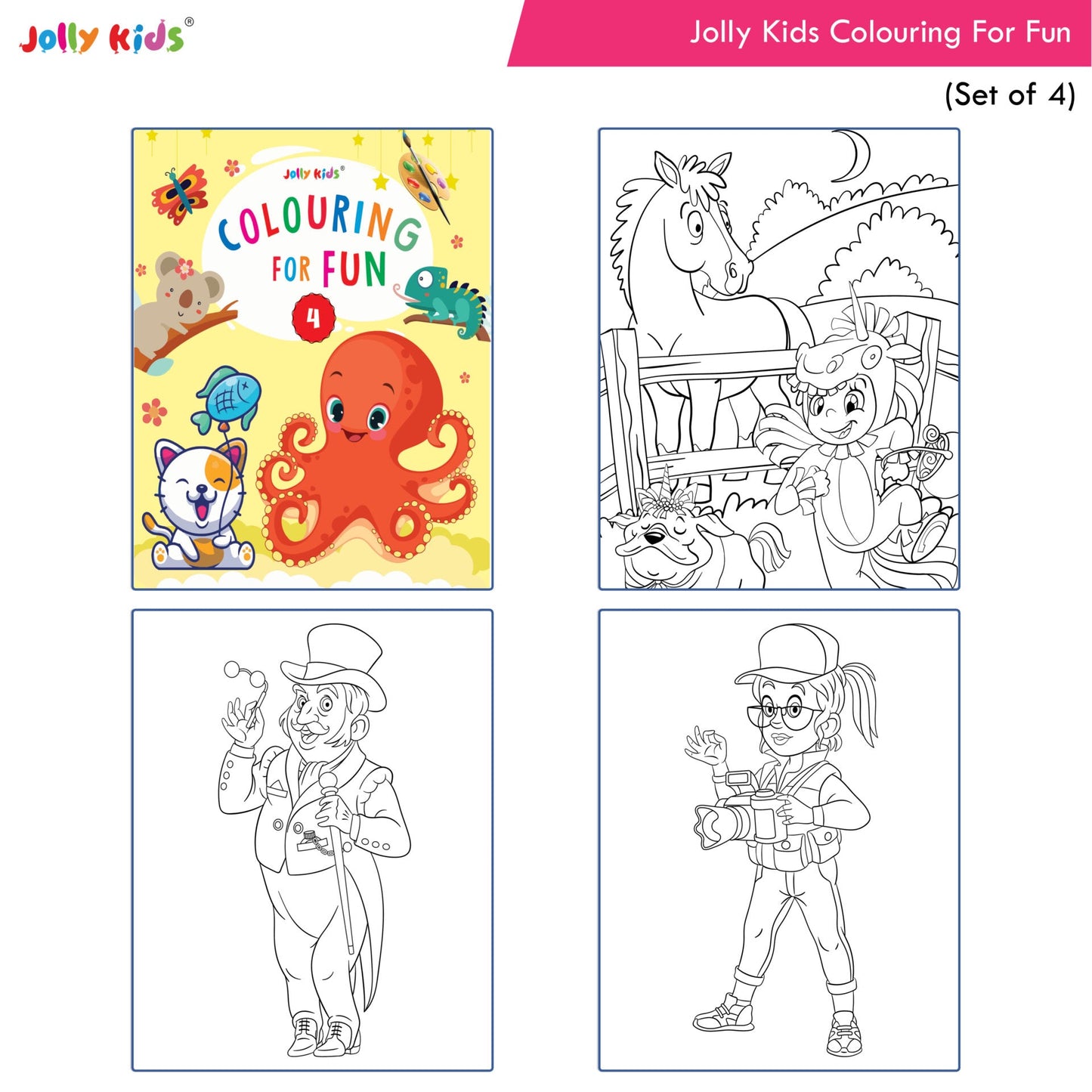 Jolly Kids Colouring for Fun Books A| Set of 4| Each Book 64 Images|Colouring & Painting Books for Kids|Ages 3-8 Year