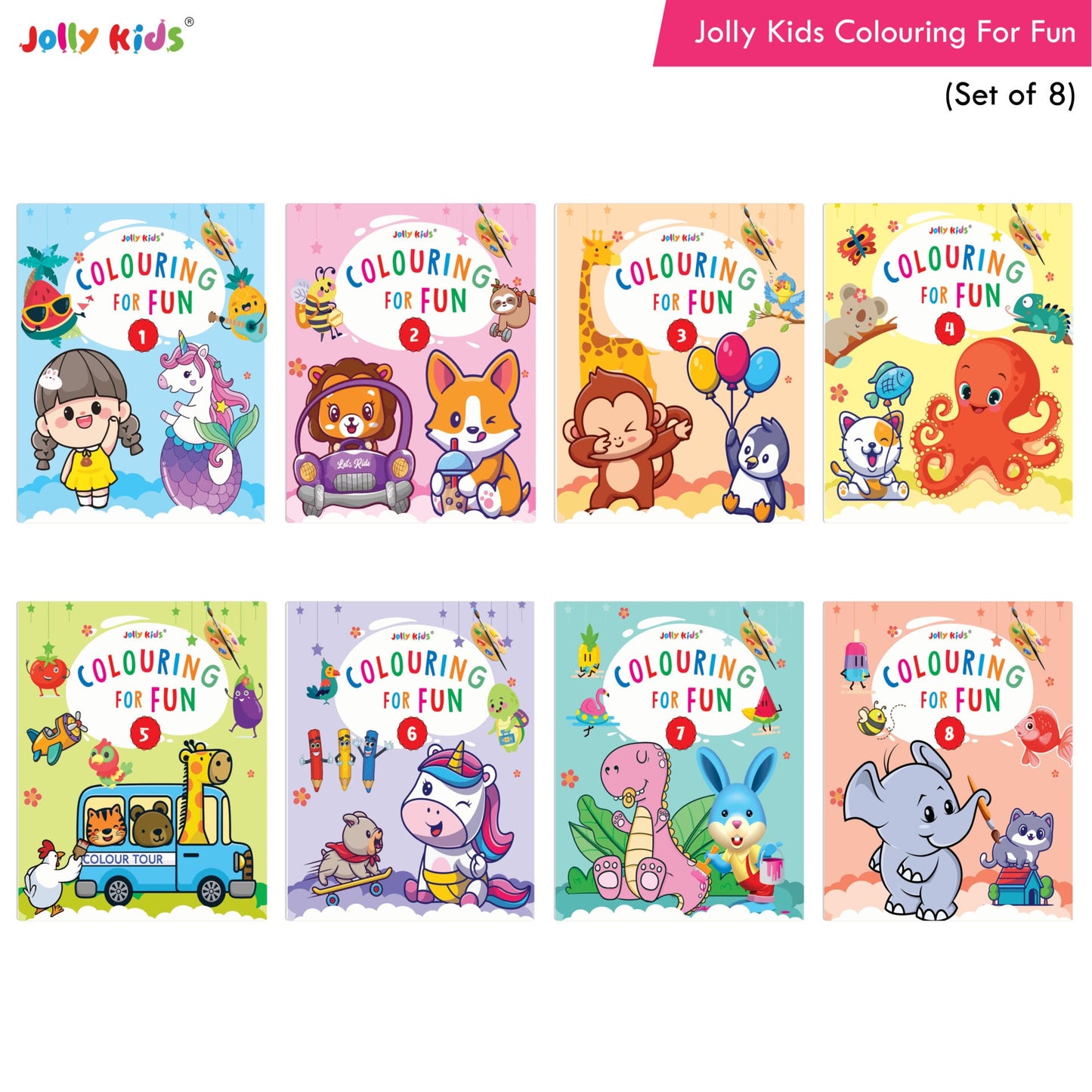 Jolly Kids Colouring for Fun Books For Kids Set of 8| Each Book 64 Images| Colouring & Painting Books| Ages 3 - 8 Year