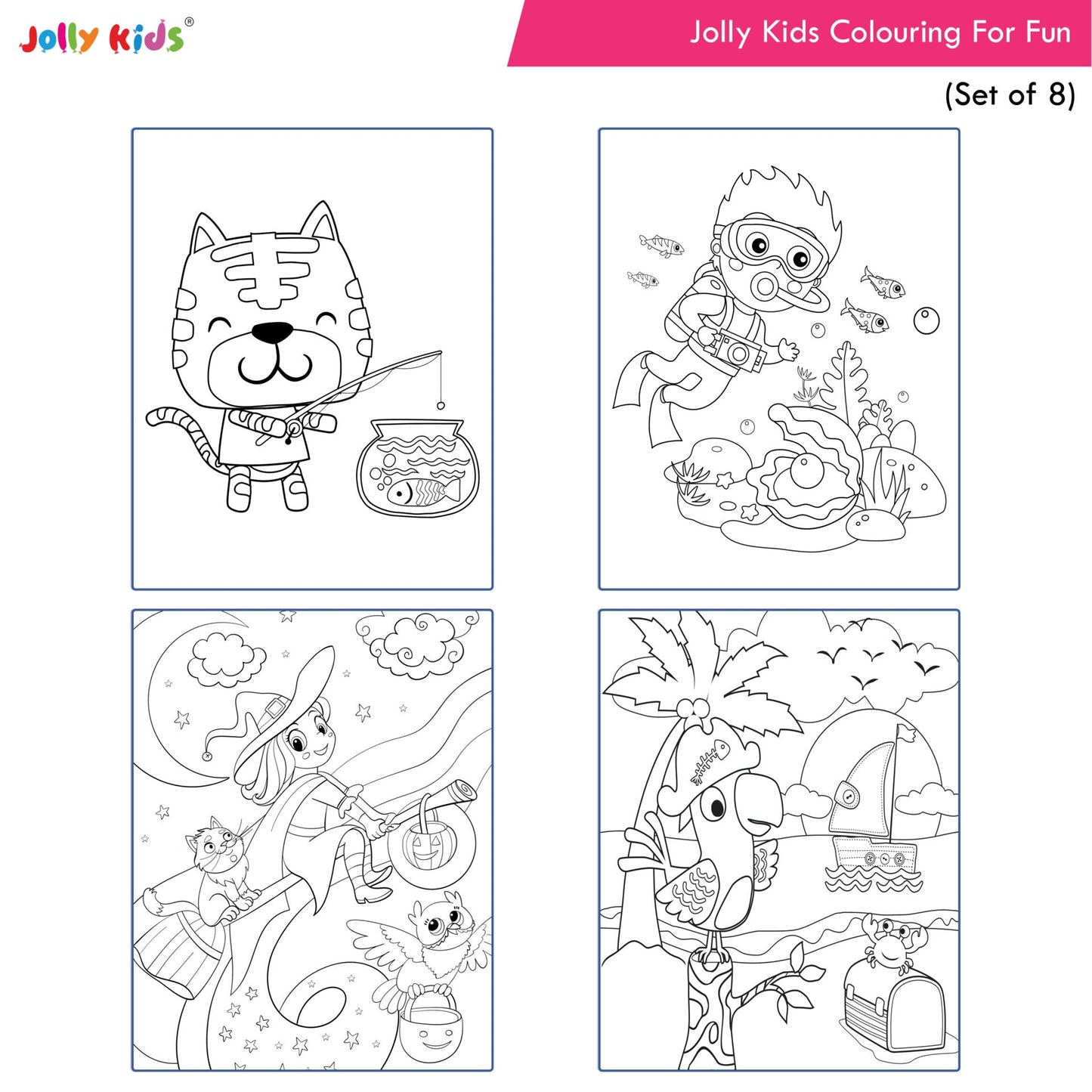 Jolly Kids Colouring for Fun Books For Kids Set of 8| Each Book 64 Images| Colouring & Painting Books| Ages 3 - 8 Year