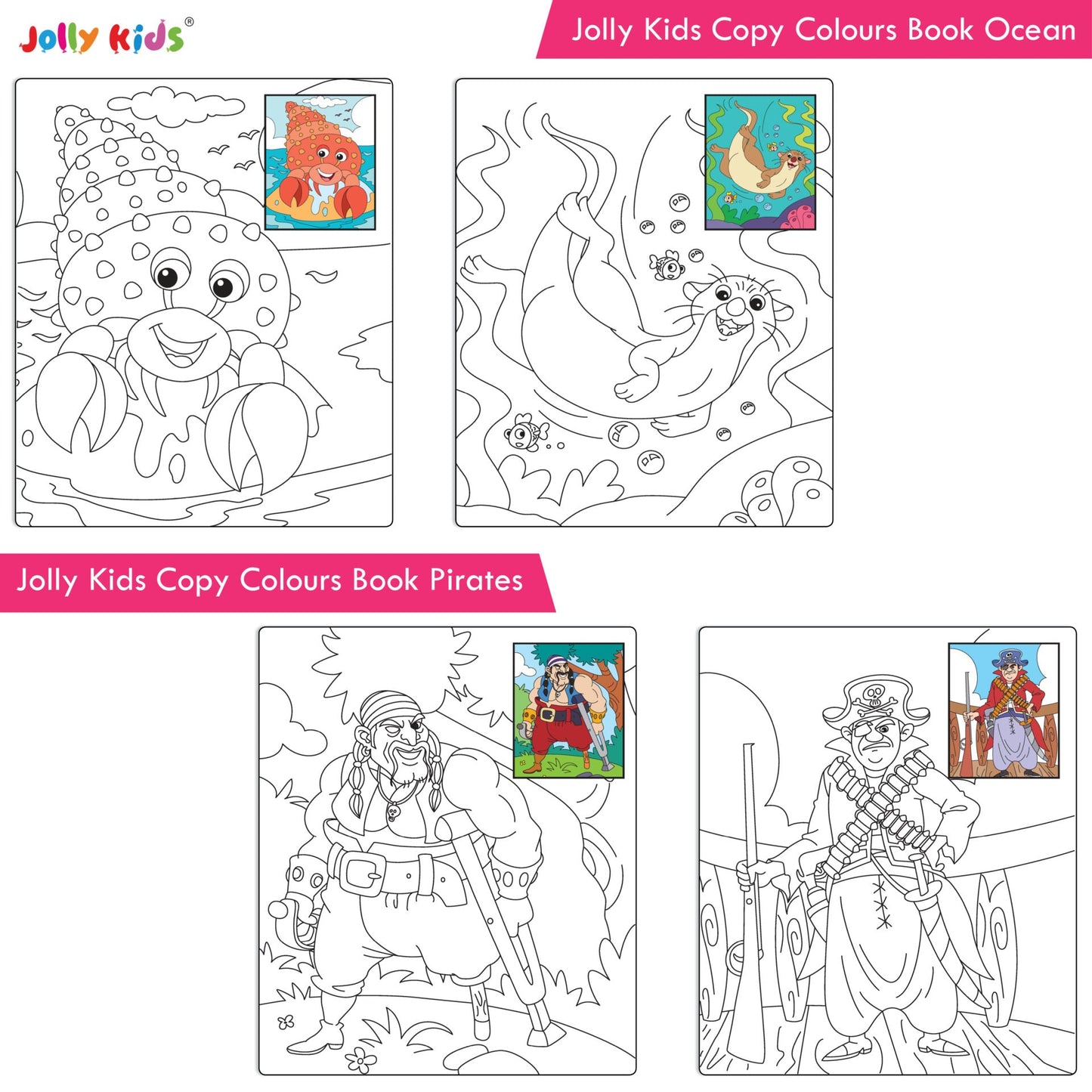 Jolly Kids Copy Colour Books Set of 8| Colouring Books: Animals, Flowers, Dinosaurs, Mermaid, Ocean, Pirates, Princess & Unicorn| Ages 3-10 years