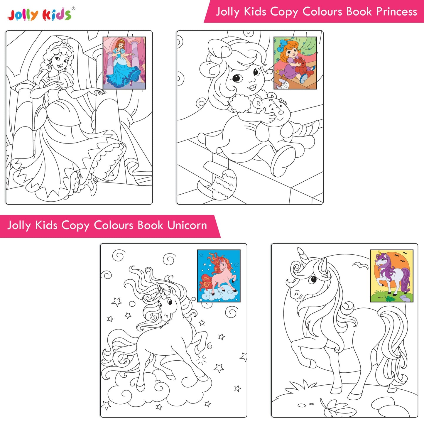 Jolly Kids Copy Colour Books Set of 8| Colouring Books: Animals, Flowers, Dinosaurs, Mermaid, Ocean, Pirates, Princess & Unicorn| Ages 3-10 years