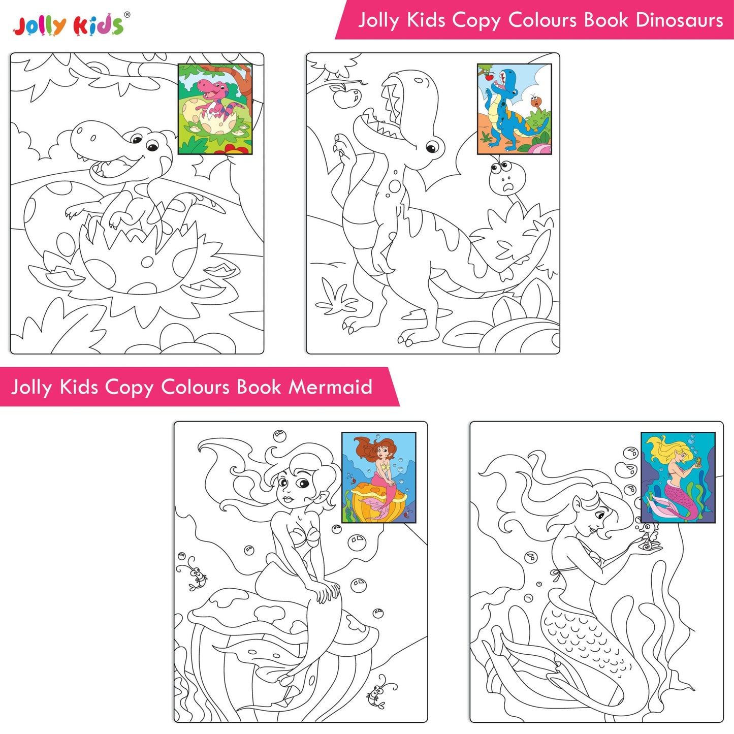 Jolly Kids Copy Colour Books Set of 8| Colouring Books: Animals, Flowers, Dinosaurs, Mermaid, Ocean, Pirates, Princess & Unicorn| Ages 3-10 years