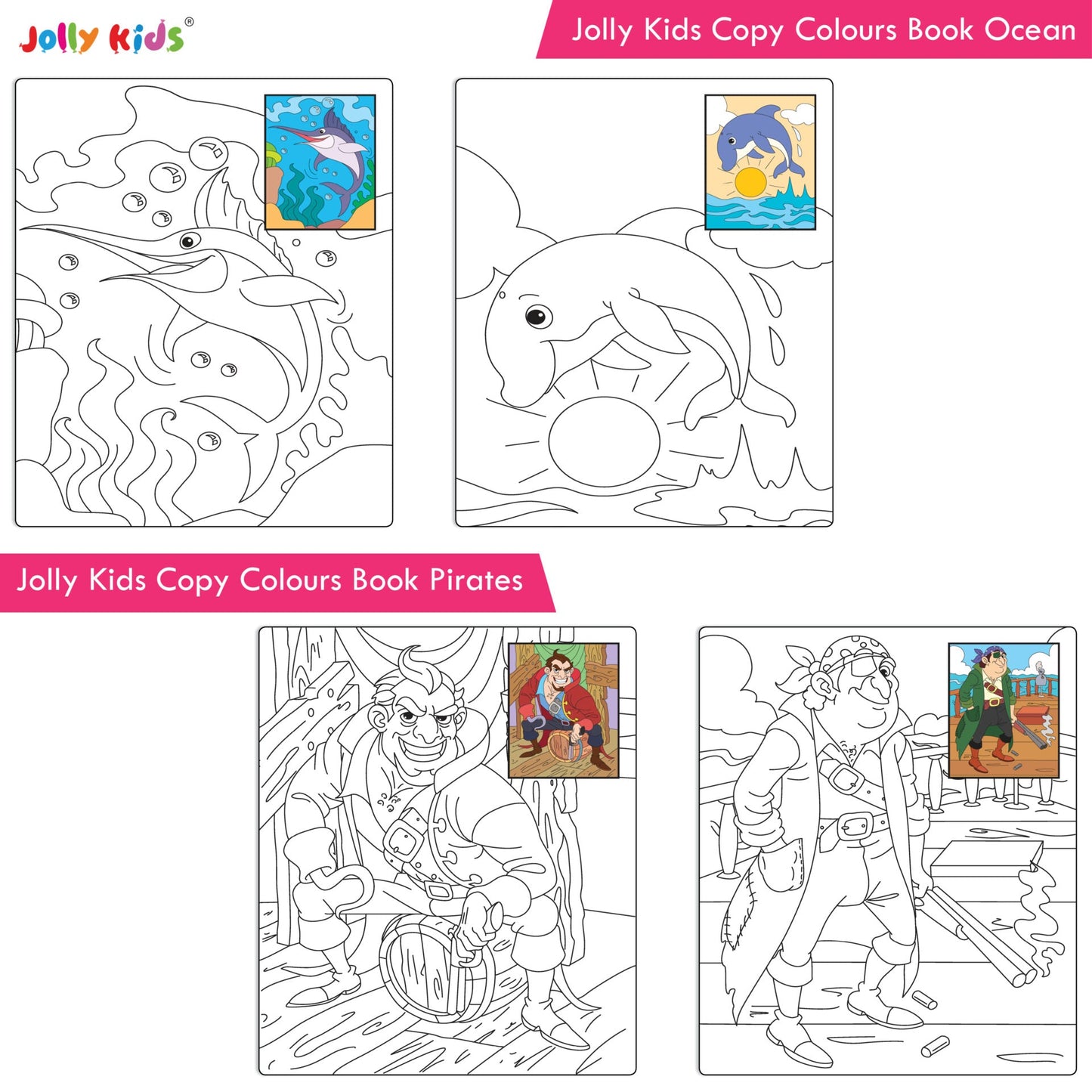 Jolly Kids Copy Colour Books Set of 8| Colouring Books: Animals, Flowers, Dinosaurs, Mermaid, Ocean, Pirates, Princess & Unicorn| Ages 3-10 years