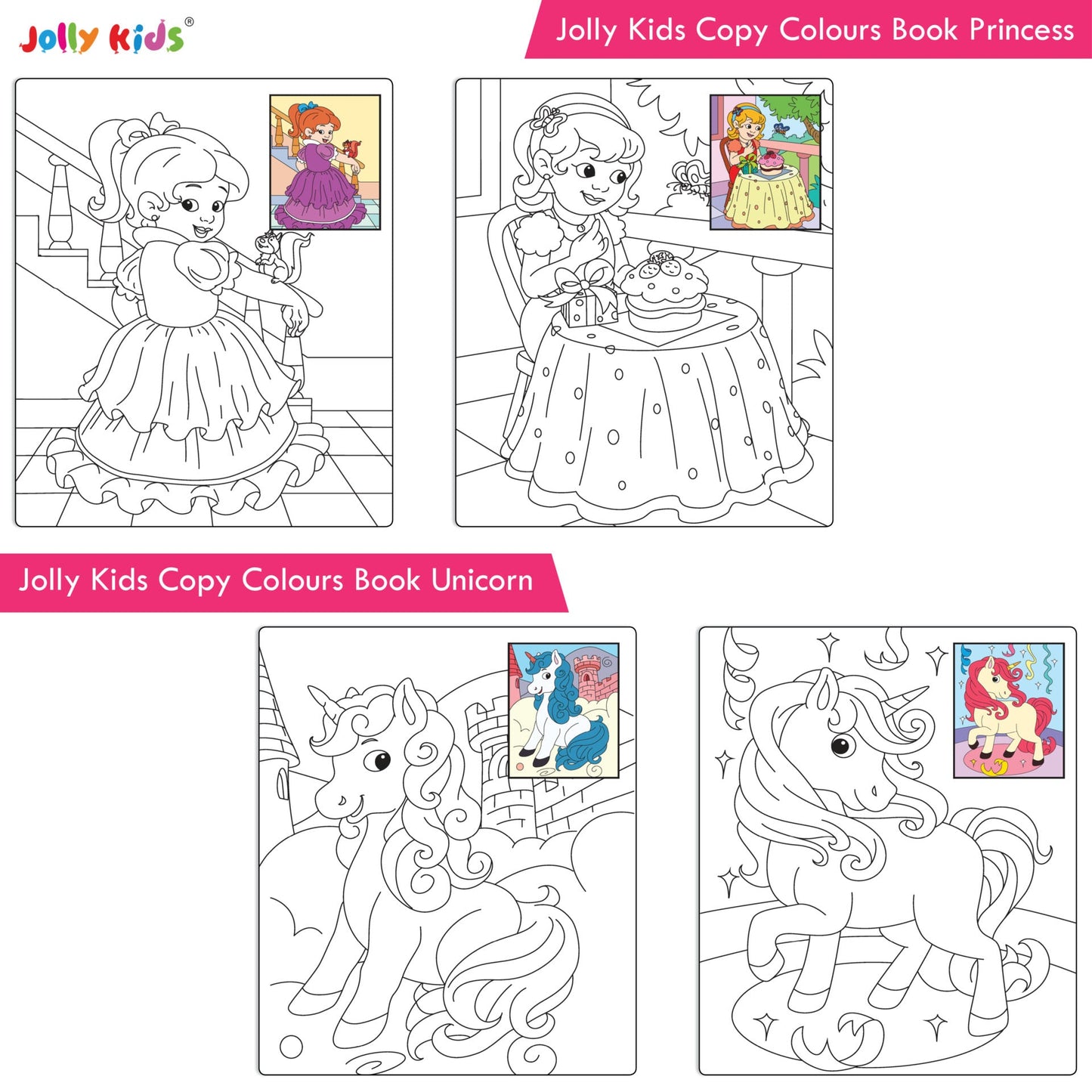 Jolly Kids Copy Colour Books Set of 8| Colouring Books: Animals, Flowers, Dinosaurs, Mermaid, Ocean, Pirates, Princess & Unicorn| Ages 3-10 years