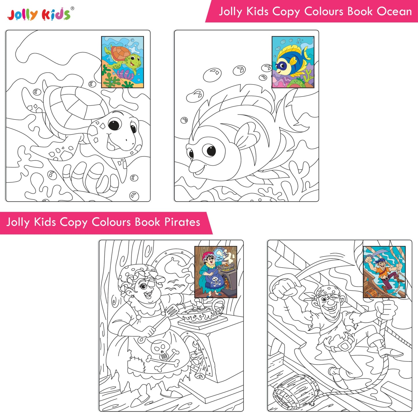 Jolly Kids Big Copy Colour Books Set of 8| Colouring Theme Animals, Flowers, Dinosaurs, Mermaid, Ocean, Pirates, Princess & Unicorn Ages 3-10 Years