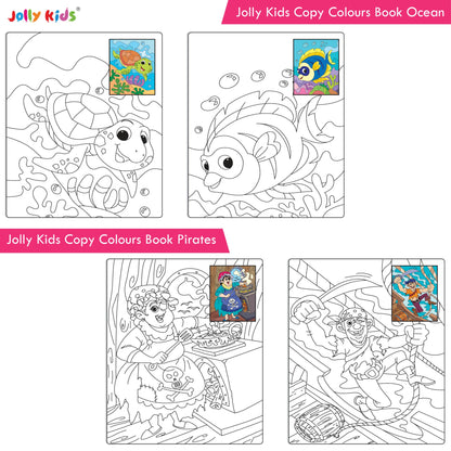 Jolly Kids Big Copy Colour Books Set of 8| Colouring Theme Animals, Flowers, Dinosaurs, Mermaid, Ocean, Pirates, Princess & Unicorn Ages 3-10 Years