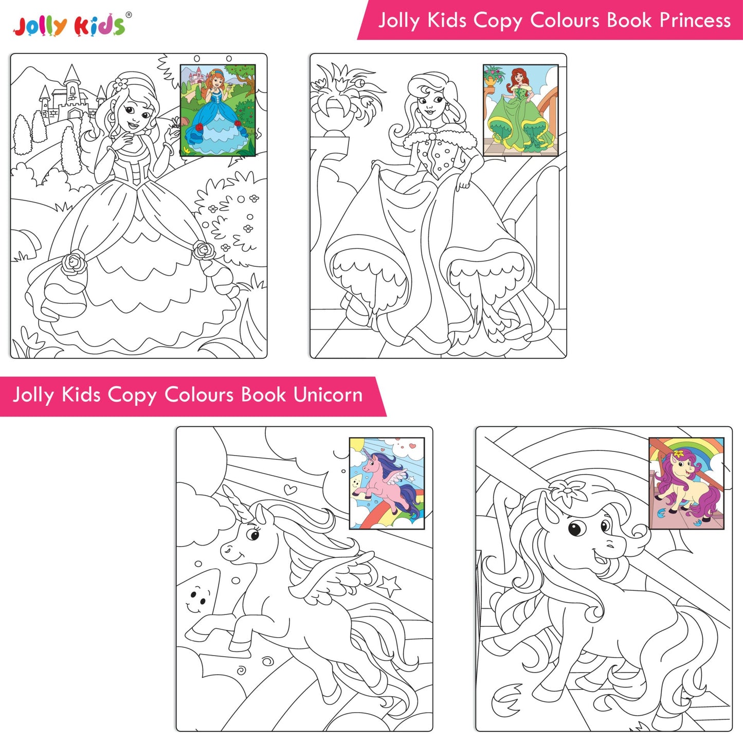 Jolly Kids Big Copy Colour Books Set of 8| Colouring Theme Animals, Flowers, Dinosaurs, Mermaid, Ocean, Pirates, Princess & Unicorn Ages 3-10 Years