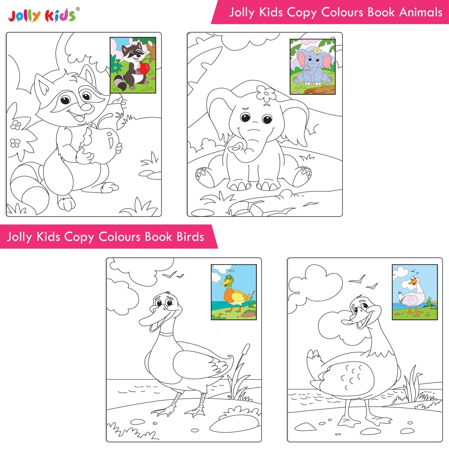 Jolly Kids Big Copy Colour Books Set of 8| Colouring Theme Animals, Flowers, Dinosaurs, Mermaid, Ocean, Pirates, Princess & Unicorn Ages 3-10 Years