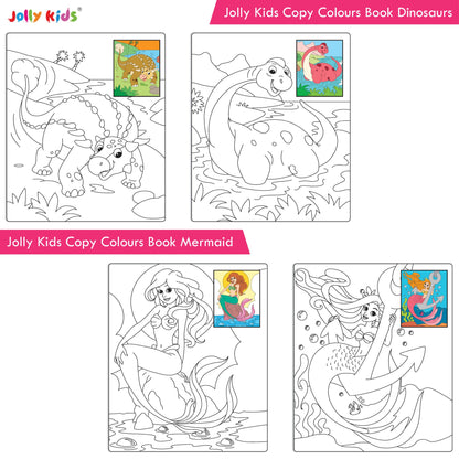 Jolly Kids Big Copy Colour Books Set of 8| Colouring Theme Animals, Flowers, Dinosaurs, Mermaid, Ocean, Pirates, Princess & Unicorn Ages 3-10 Years