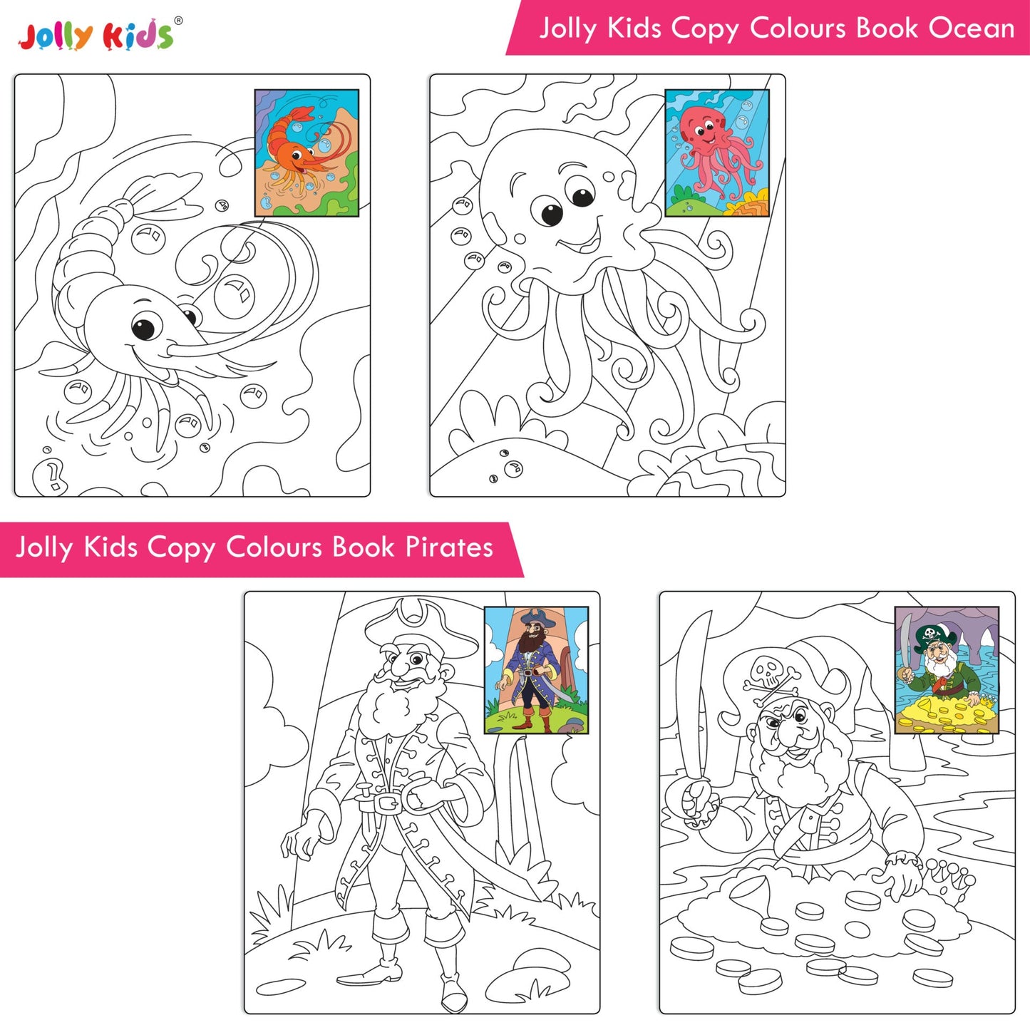 Jolly Kids Big Copy Colour Books Set of 8| Colouring Theme Animals, Flowers, Dinosaurs, Mermaid, Ocean, Pirates, Princess & Unicorn Ages 3-10 Years