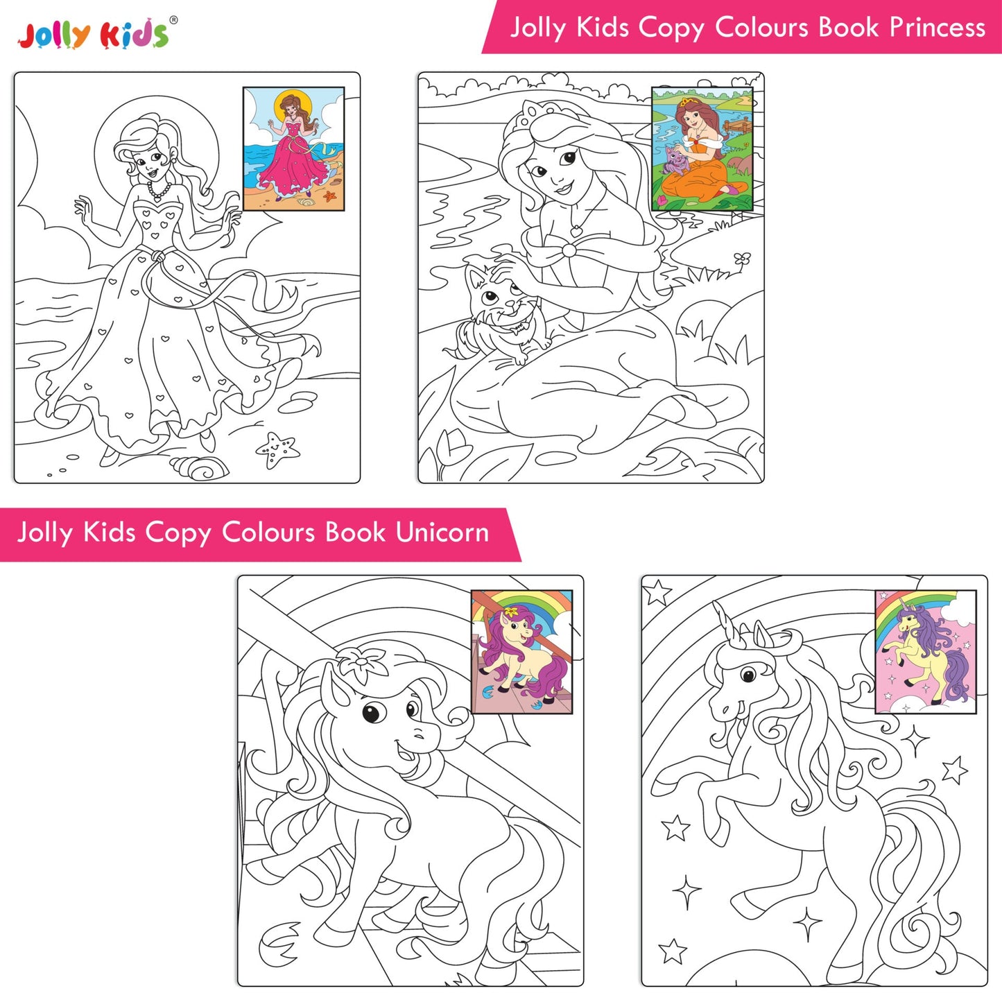 Jolly Kids Big Copy Colour Books Set of 8| Colouring Theme Animals, Flowers, Dinosaurs, Mermaid, Ocean, Pirates, Princess & Unicorn Ages 3-10 Years