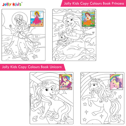 Jolly Kids Big Copy Colour Books Set of 8| Colouring Theme Animals, Flowers, Dinosaurs, Mermaid, Ocean, Pirates, Princess & Unicorn Ages 3-10 Years