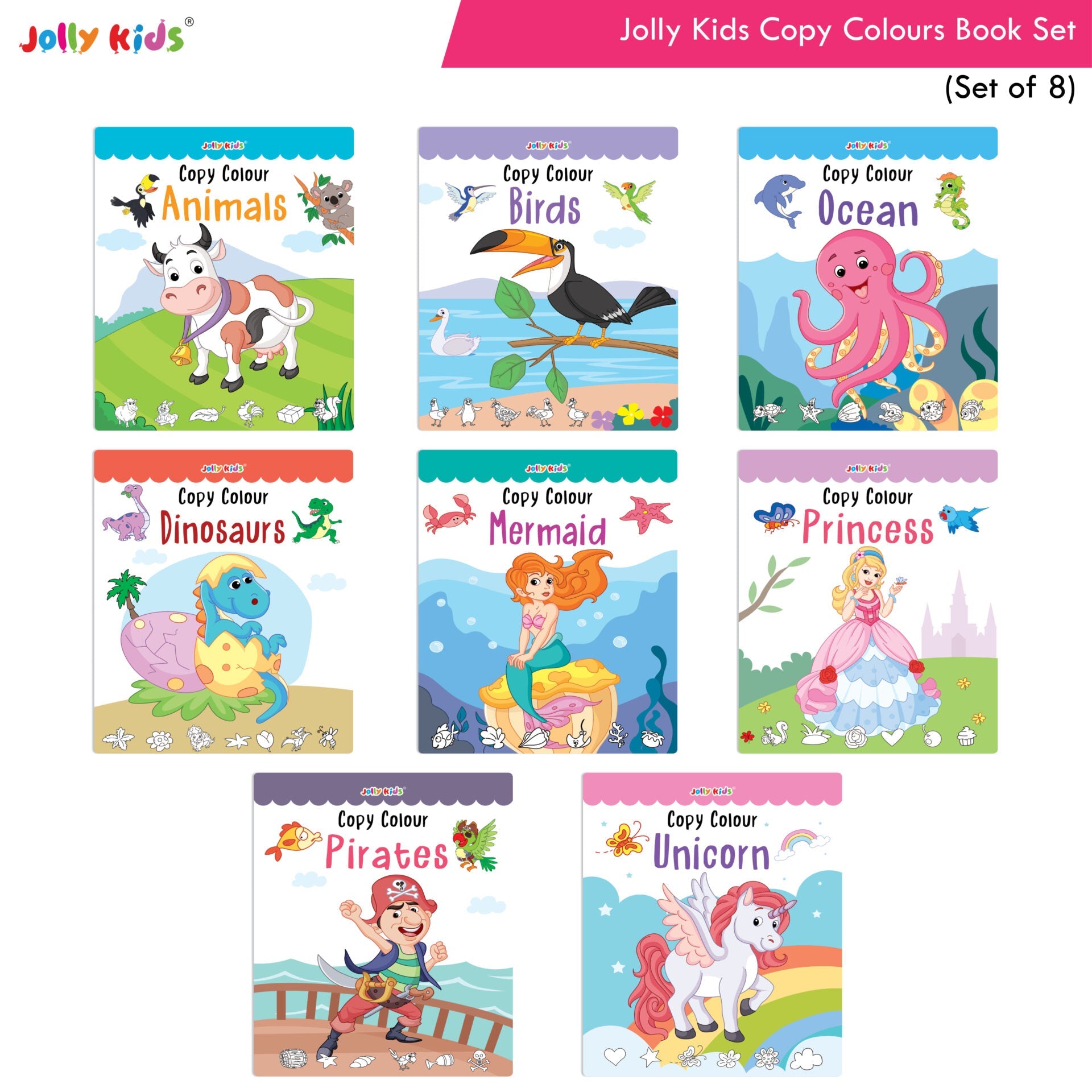 Jolly Kids Copy Colour Books Set of 8| Colouring Books: Animals, Flowers, Dinosaurs, Mermaid, Ocean, Pirates, Princess & Unicorn| Ages 3-10 years -  buy in usa 