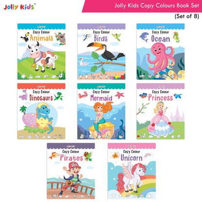 Jolly Kids Copy Colour Books Set of 8| Colouring Books: Animals, Flowers, Dinosaurs, Mermaid, Ocean, Pirates, Princess & Unicorn| Ages 3-10 years -  buy in usa 