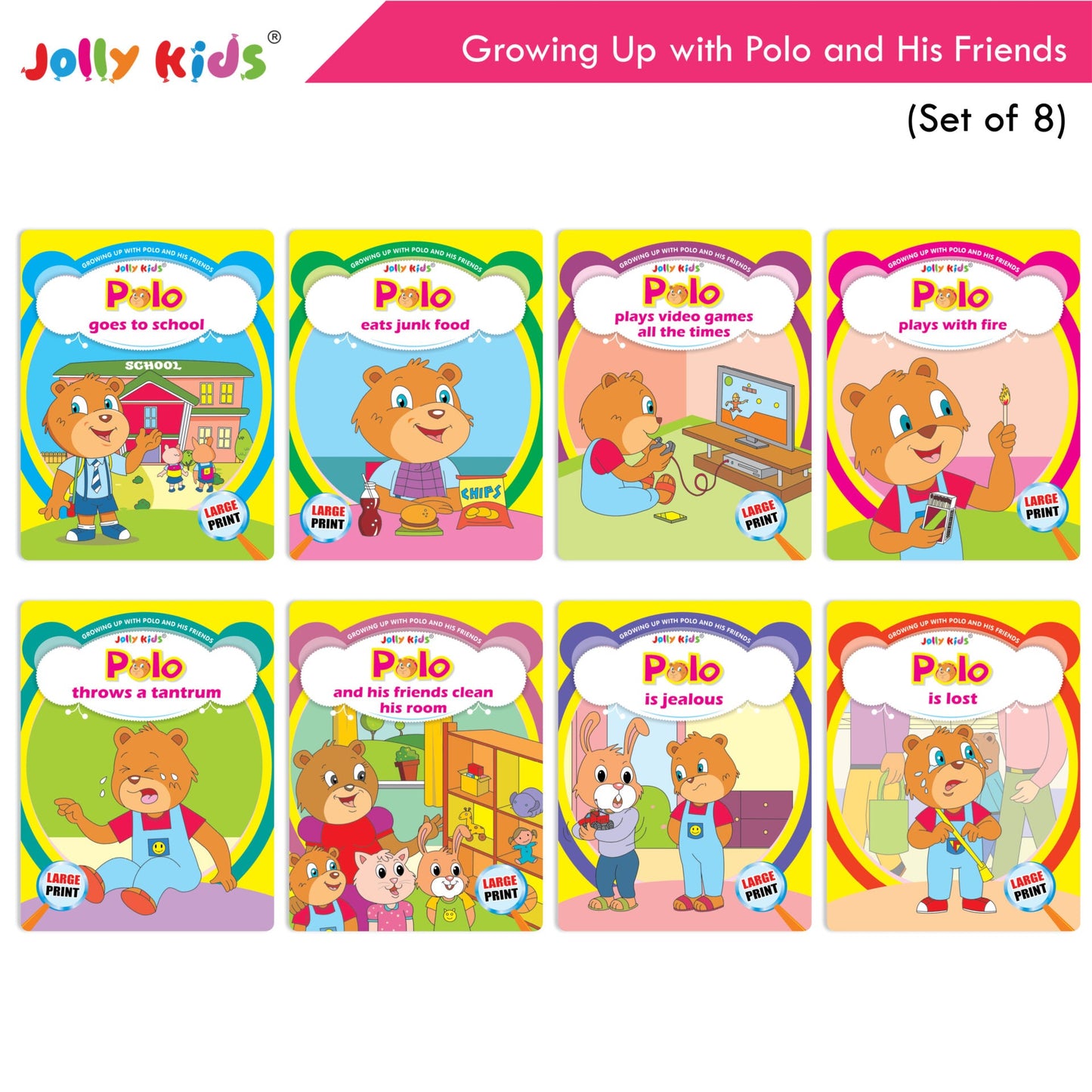 Jolly Kids Growing Up with Polo and His Friends Character Base Stories Books Set of 8| Large Picture Stories Books for Kids Ages 3 -8 Years