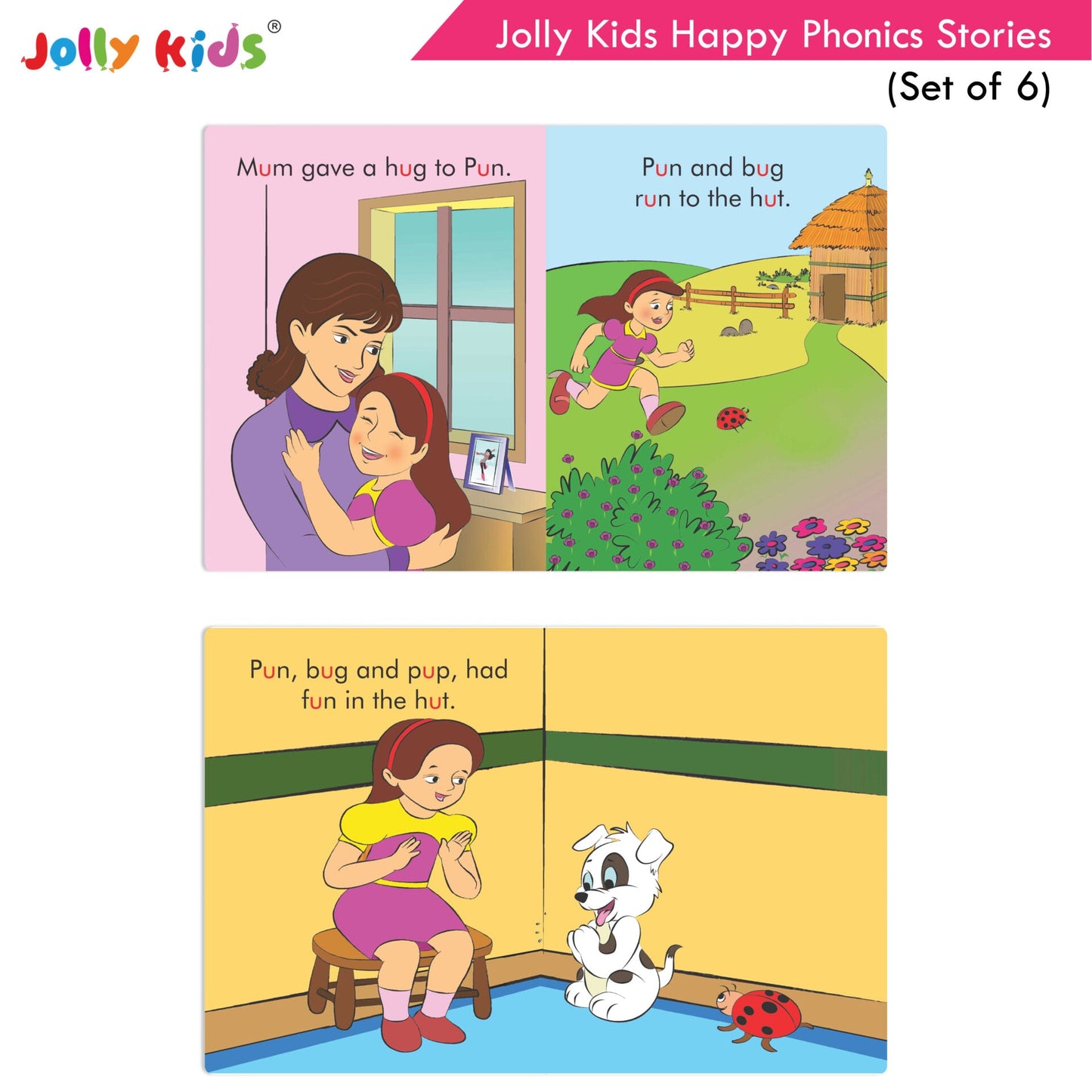 Jolly Kids Large Print Read With Happy Phonics Stories Books Set of 6| Early Year Reading Book| Vowel Sounds Stories Books Ages 3-8 Years