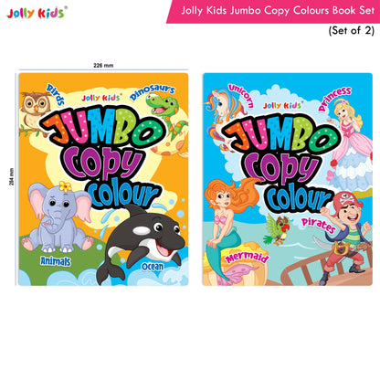 Jolly Kids Jumbo Copy Colour Books Set of 2| Colour Themes Birds, Dinosaurs, Animals, Ocean, Unicorns, Princess, Pirates, Mermaid| Ages 3-10 Years