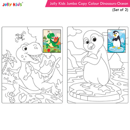 Jolly Kids Jumbo Copy Colour Books Set of 2| Colour Themes Birds, Dinosaurs, Animals, Ocean, Unicorns, Princess, Pirates, Mermaid| Ages 3-10 Years