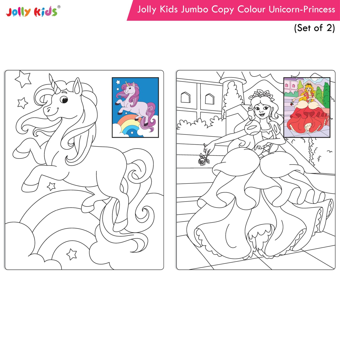 Jolly Kids Jumbo Copy Colour Books Set of 2| Colour Themes Birds, Dinosaurs, Animals, Ocean, Unicorns, Princess, Pirates, Mermaid| Ages 3-10 Years