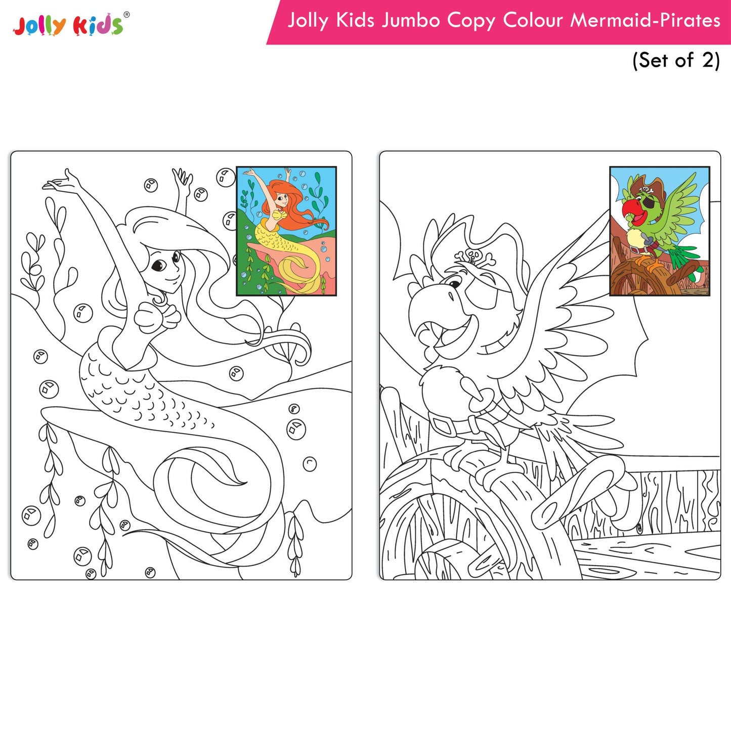 Jolly Kids Jumbo Copy Colour Books Set of 2| Colour Themes Birds, Dinosaurs, Animals, Ocean, Unicorns, Princess, Pirates, Mermaid| Ages 3-10 Years