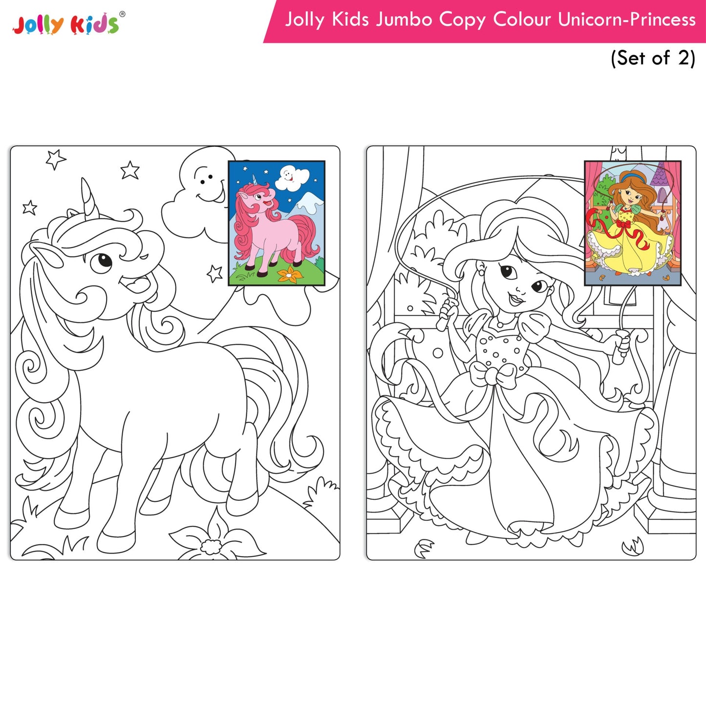 Jolly Kids Jumbo Copy Colour Books Set of 2| Colour Themes Birds, Dinosaurs, Animals, Ocean, Unicorns, Princess, Pirates, Mermaid| Ages 3-10 Years