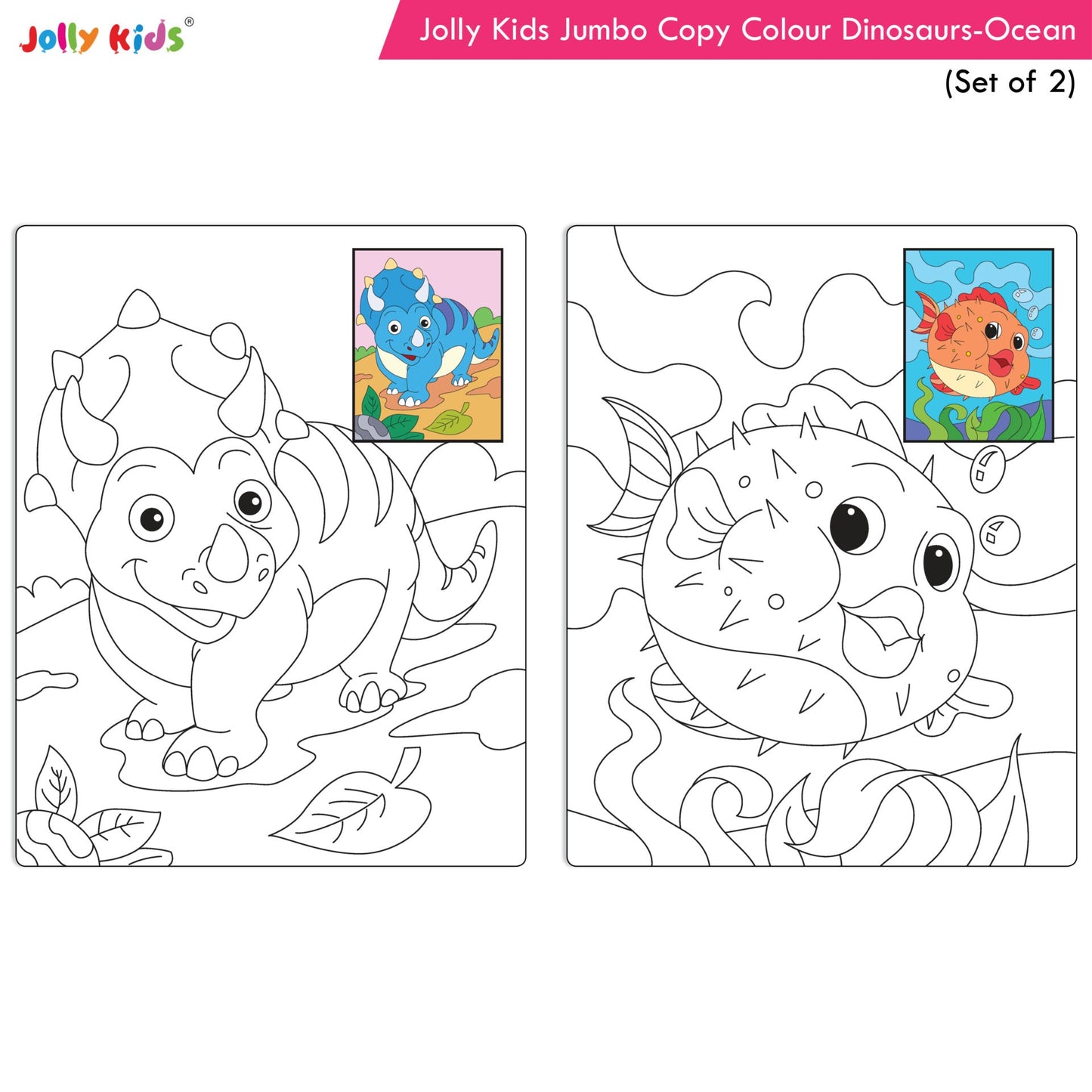 Jolly Kids Jumbo Copy Colour Books Set of 2| Colour Themes Birds, Dinosaurs, Animals, Ocean, Unicorns, Princess, Pirates, Mermaid| Ages 3-10 Years