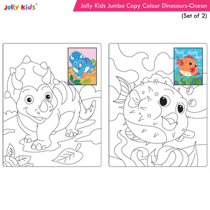 Jolly Kids Jumbo Copy Colour Books Set of 2| Colour Themes Birds, Dinosaurs, Animals, Ocean, Unicorns, Princess, Pirates, Mermaid| Ages 3-10 Years