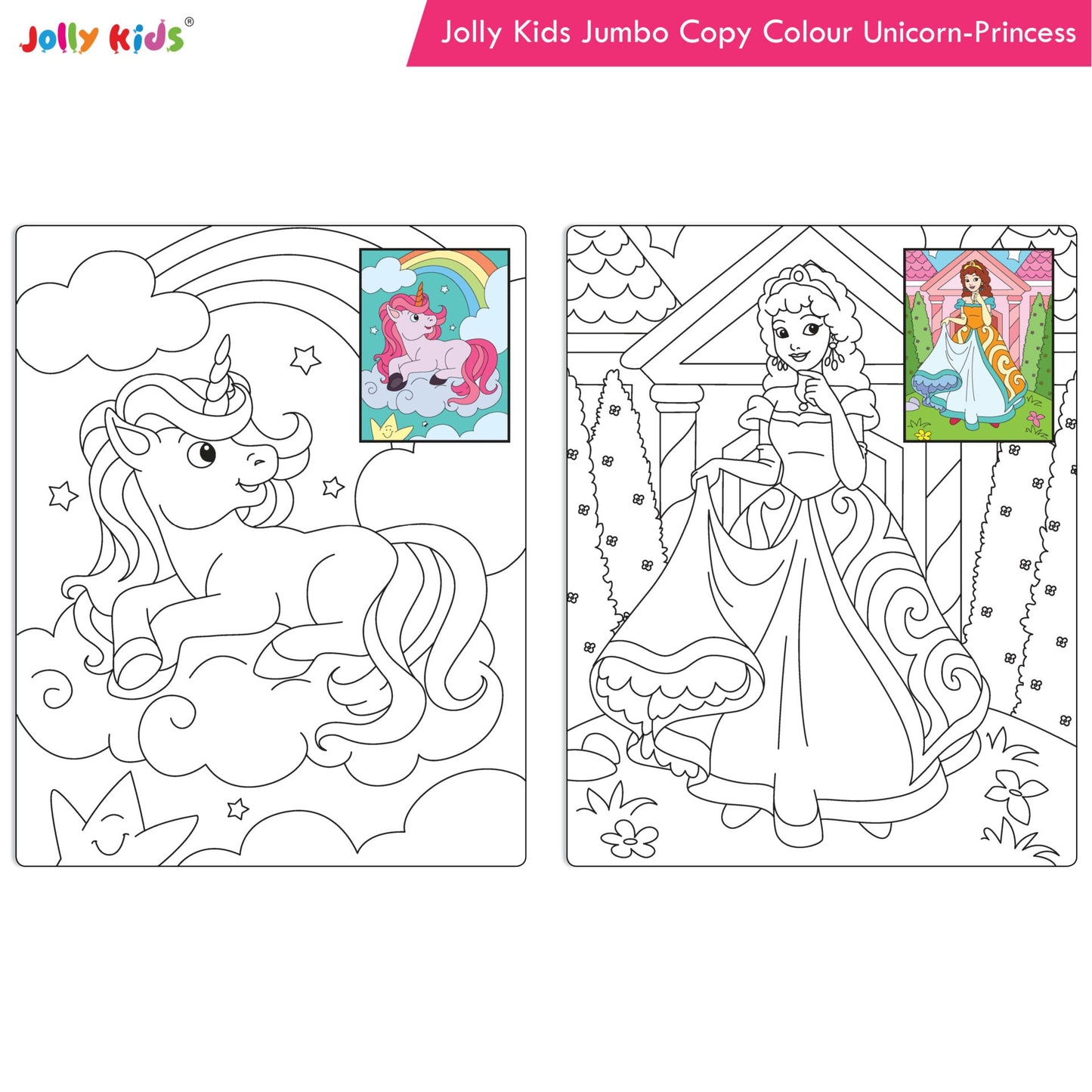 Jolly Kids Jumbo Copy Colour Book for Kids| Colouring Book Themes: Unicorns, Princess, Pirates, Mermaid |Ages 3-10 Years