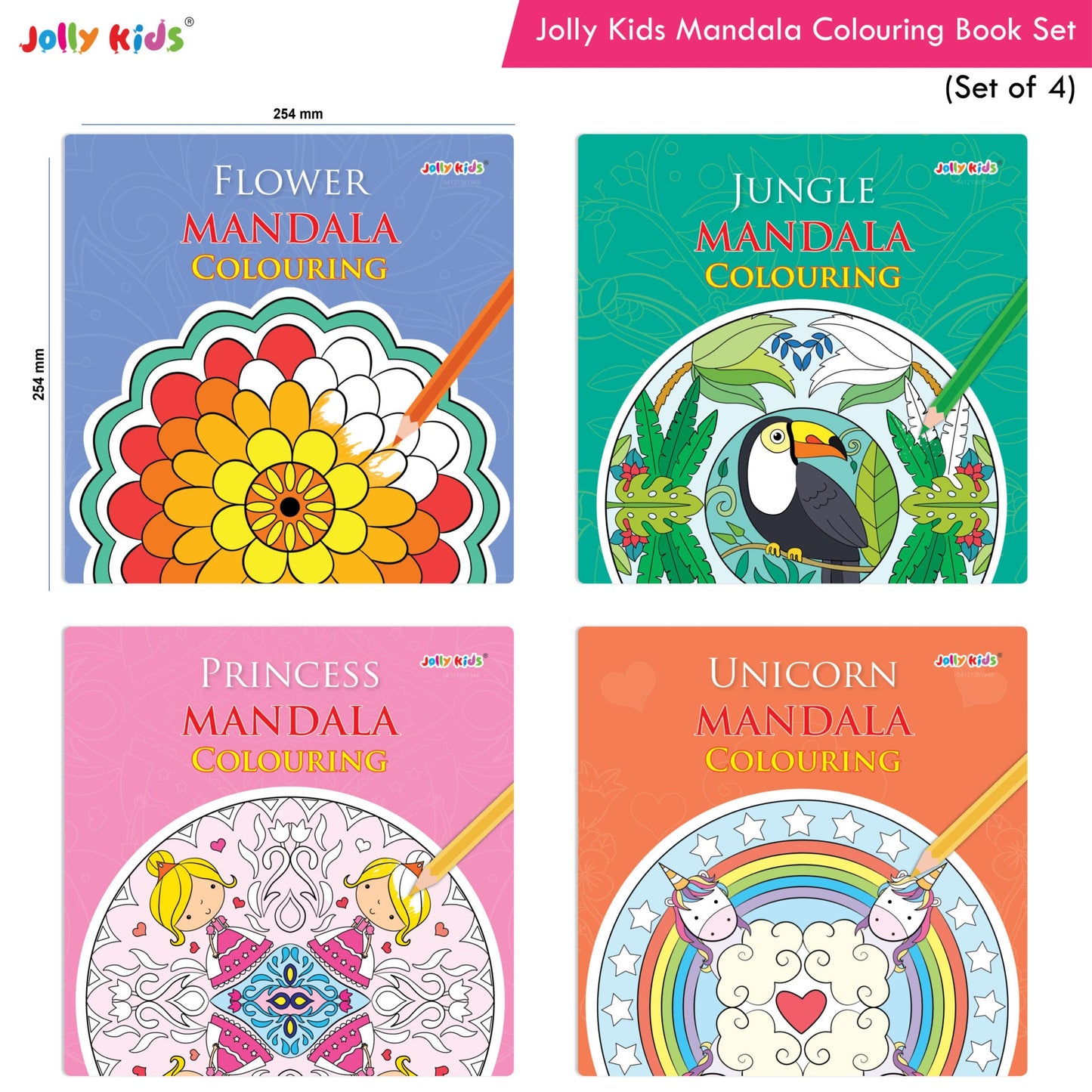 Jolly Kids Mandala Colouring Books Set| Set of 4| Colouring Book: Stress Relieving Designs Flower, Jungle, Princess & Unicorn Colouring Books