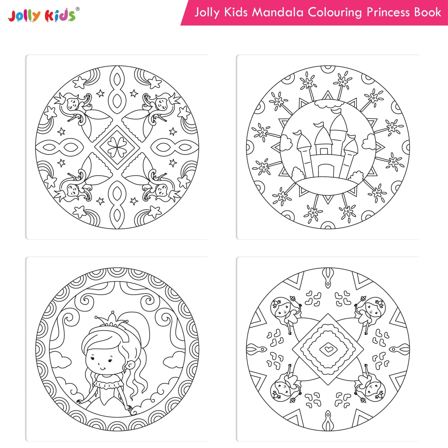 Jolly Kids Mandala Colouring Books Set| Set of 4| Colouring Book: Stress Relieving Designs Flower, Jungle, Princess & Unicorn Colouring Books