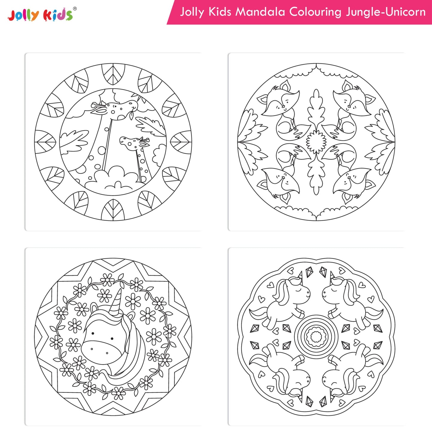 Jolly Kids Mandala Colouring Books Set| Set of 4| Colouring Book: Stress Relieving Designs Flower, Jungle, Princess & Unicorn Colouring Books