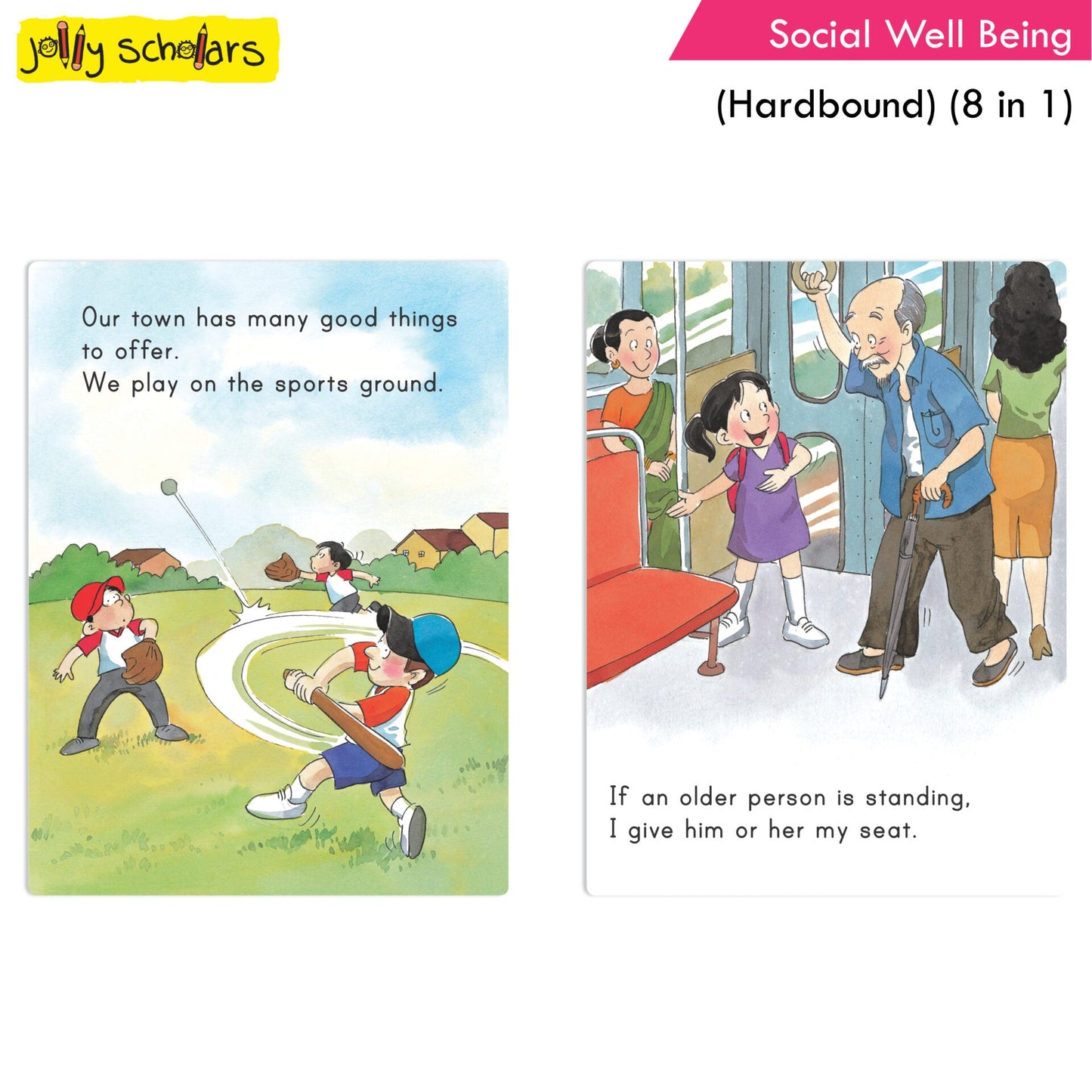 Jolly Scholars Social Well Being Hardbound 8 in 1 Stories Book For Kids To Learn Respect, Manner, Helping Our Friends, Family and So On Ages 3-6 Years