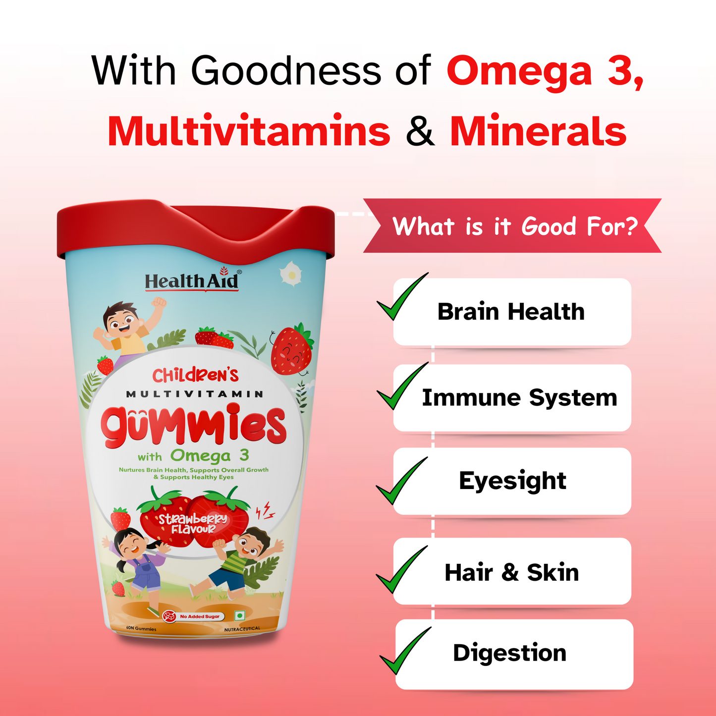 HealthAid Children's Multivitamin Gummies with Omega 3 Gummies - Strawberry Flavour