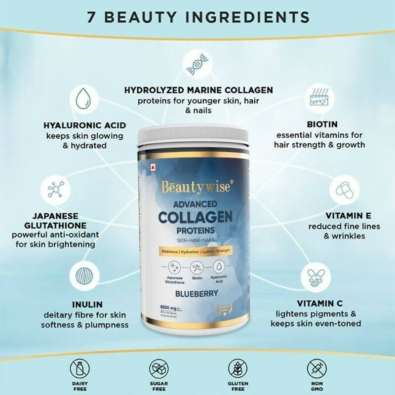 Beautywise Advanced Marine Collagen Anti-Aging Powder - Glutathione, HA & Biotin - Blueberry