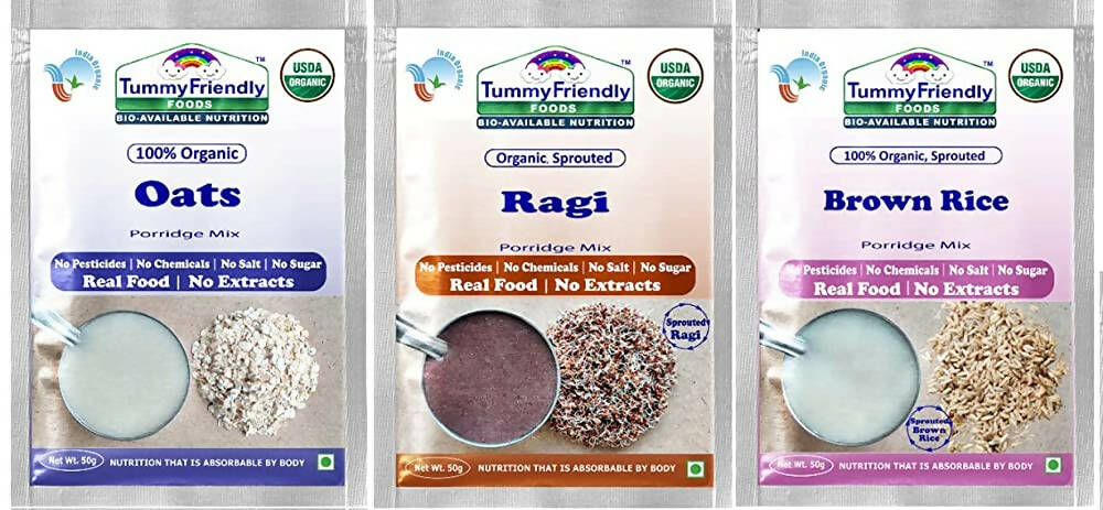 TummyFriendly Foods Organic Sprouted Porridge Mixes Sprouted Ragi Powder, Sprouted Brown Rice and Oats Combo -  USA, Australia, Canada 