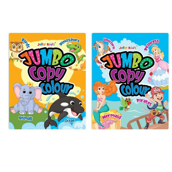 Jolly Kids Jumbo Copy Colour Books Set of 2| Colour Themes Birds, Dinosaurs, Animals, Ocean, Unicorns, Princess, Pirates, Mermaid| Ages 3-10 Years -  buy in usa 